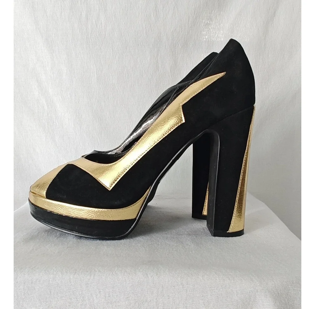 Jeffrey Campbell Bad Girl Platform Pumps Black Gold Metallic Peep Toe Heel 9